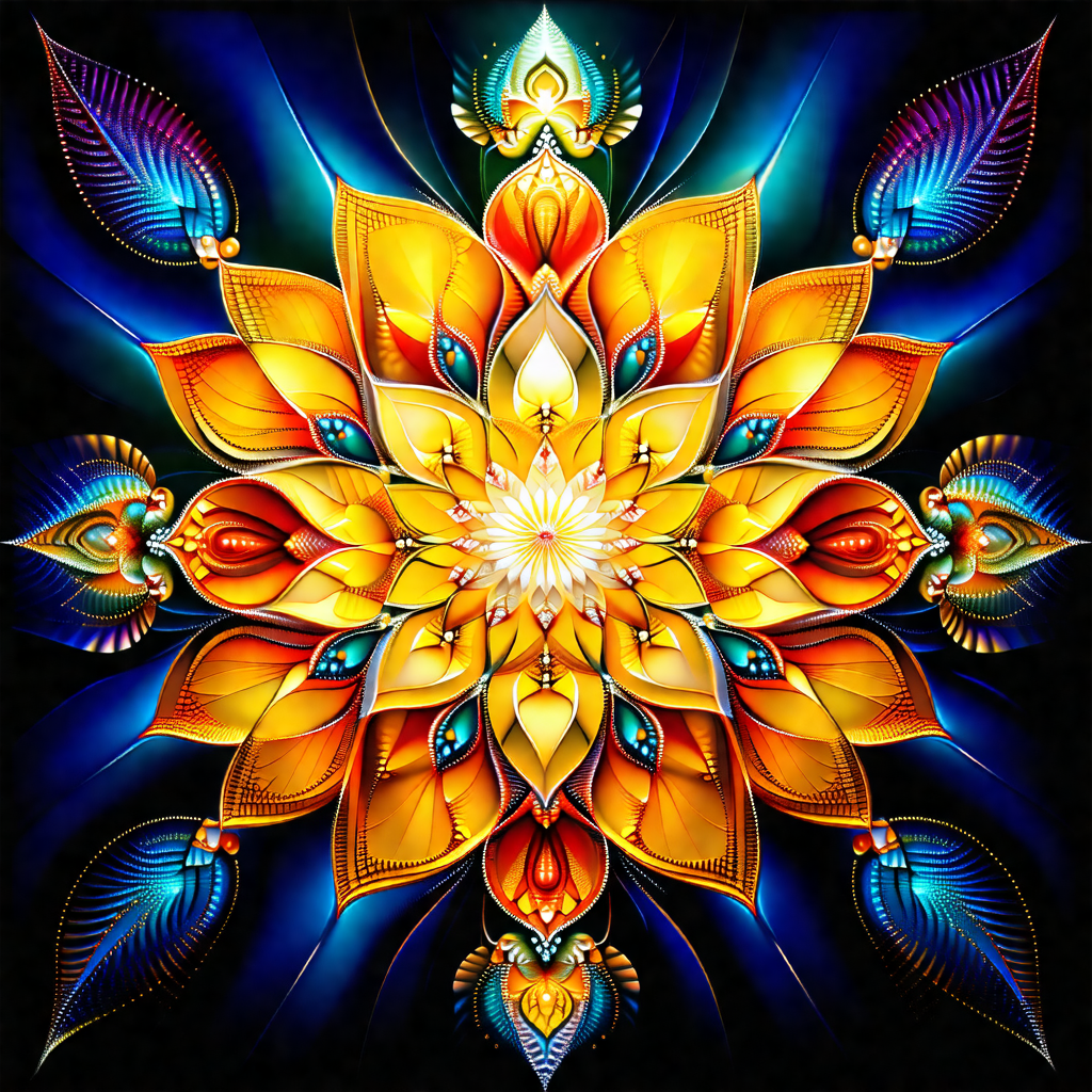 Colorful and intricate artwork featuring a flower-like de...