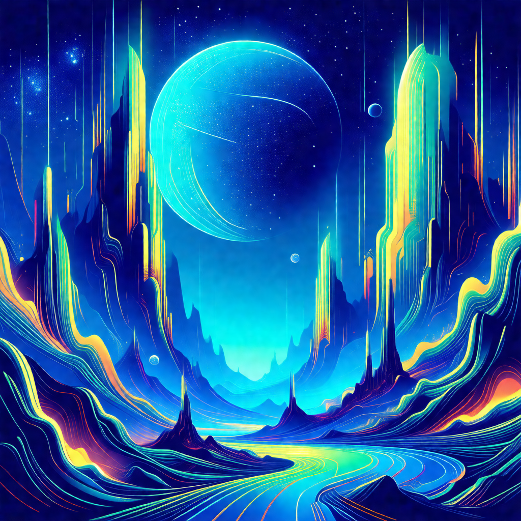 Colorful and vibrant painting of a planet with a blue moo...