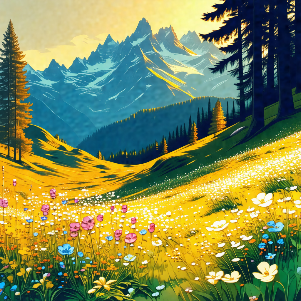 Painting of a beautiful mountain landscape with a field o...