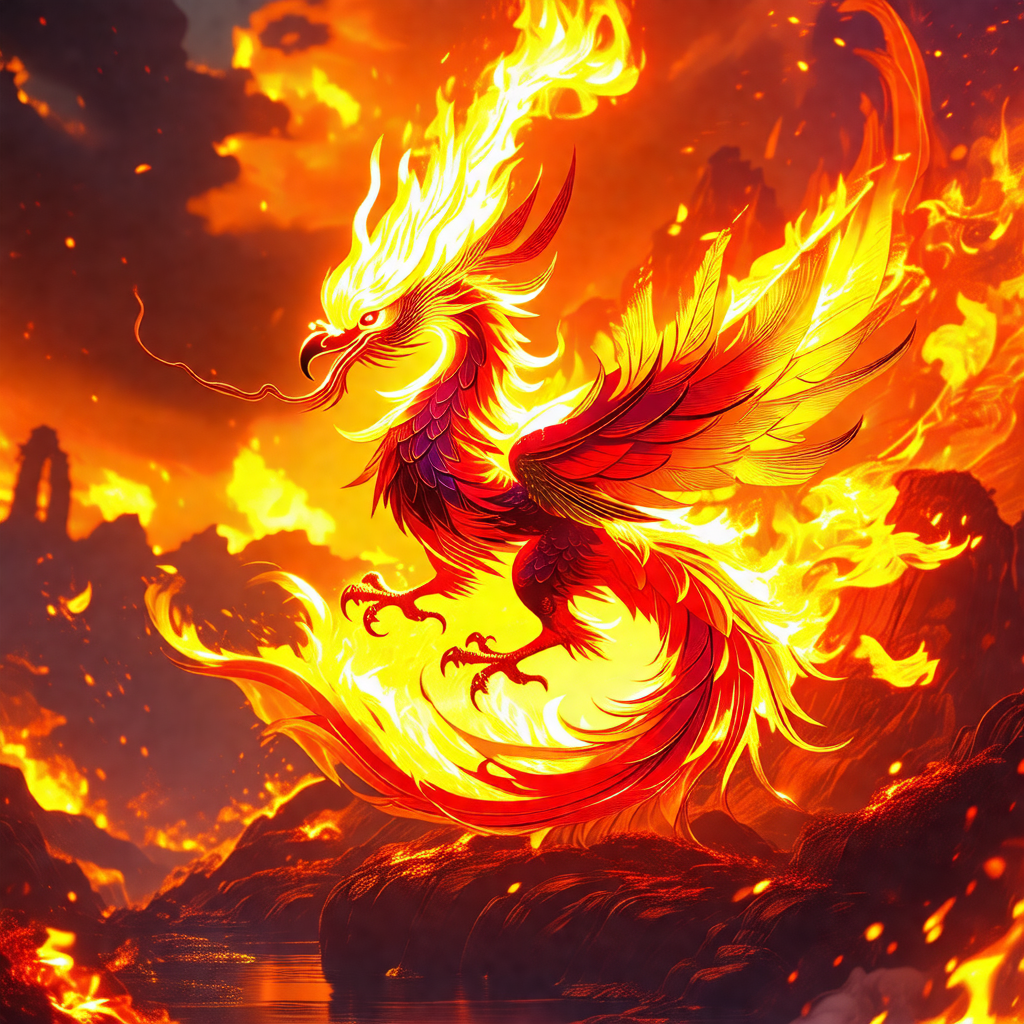 Dragon with a fiery mane, standing on a rocky hillside