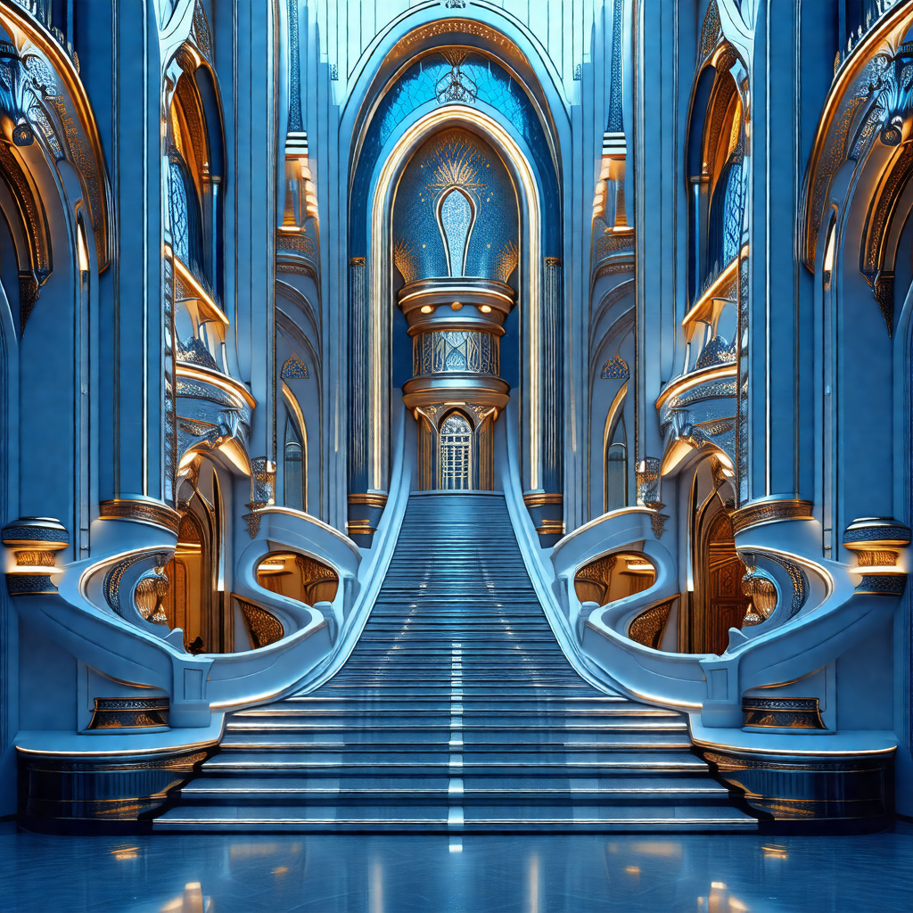 Large, ornate staircase with a blue and gold color scheme