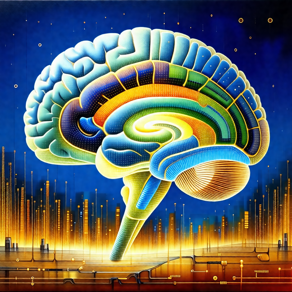 Painting of a human brain, with a close-up view of the fr...