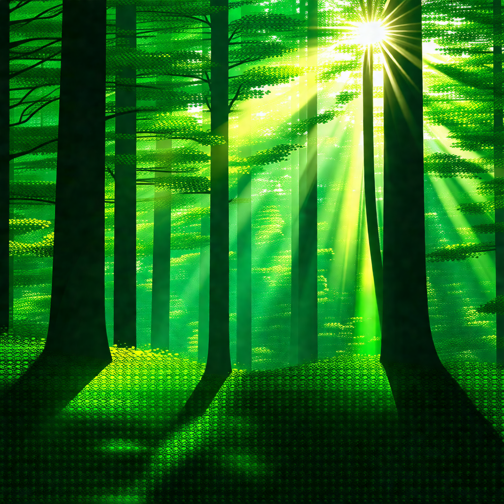 Lush green forest with a bright sun shining through the t...