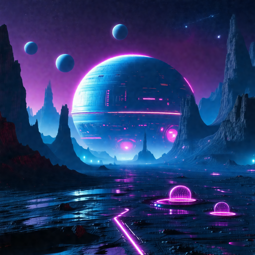 Futuristic scene with a large, purple spacecraft floating...
