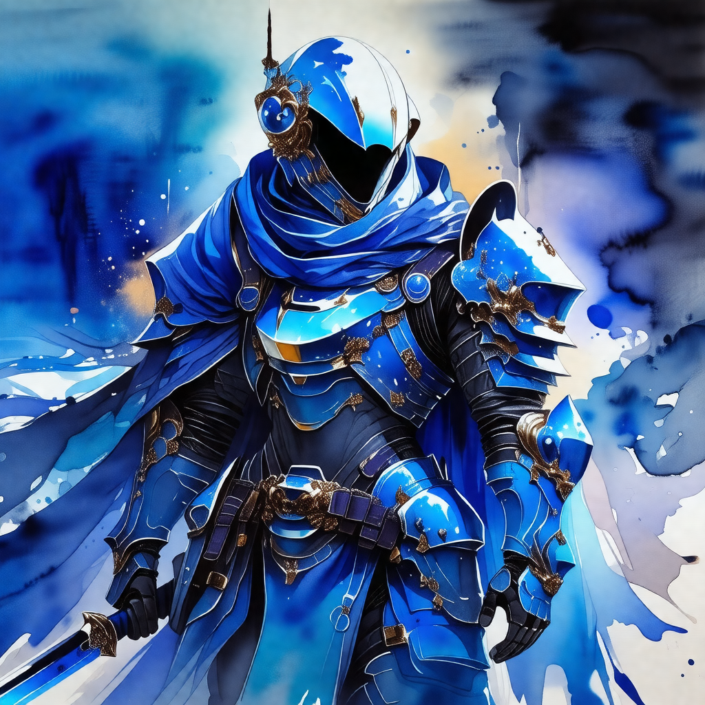 Blue-skinned character, possibly a knight or a warrior, w...