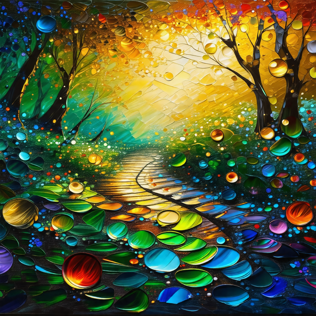 Painting of a forest path with a trail leading through th...