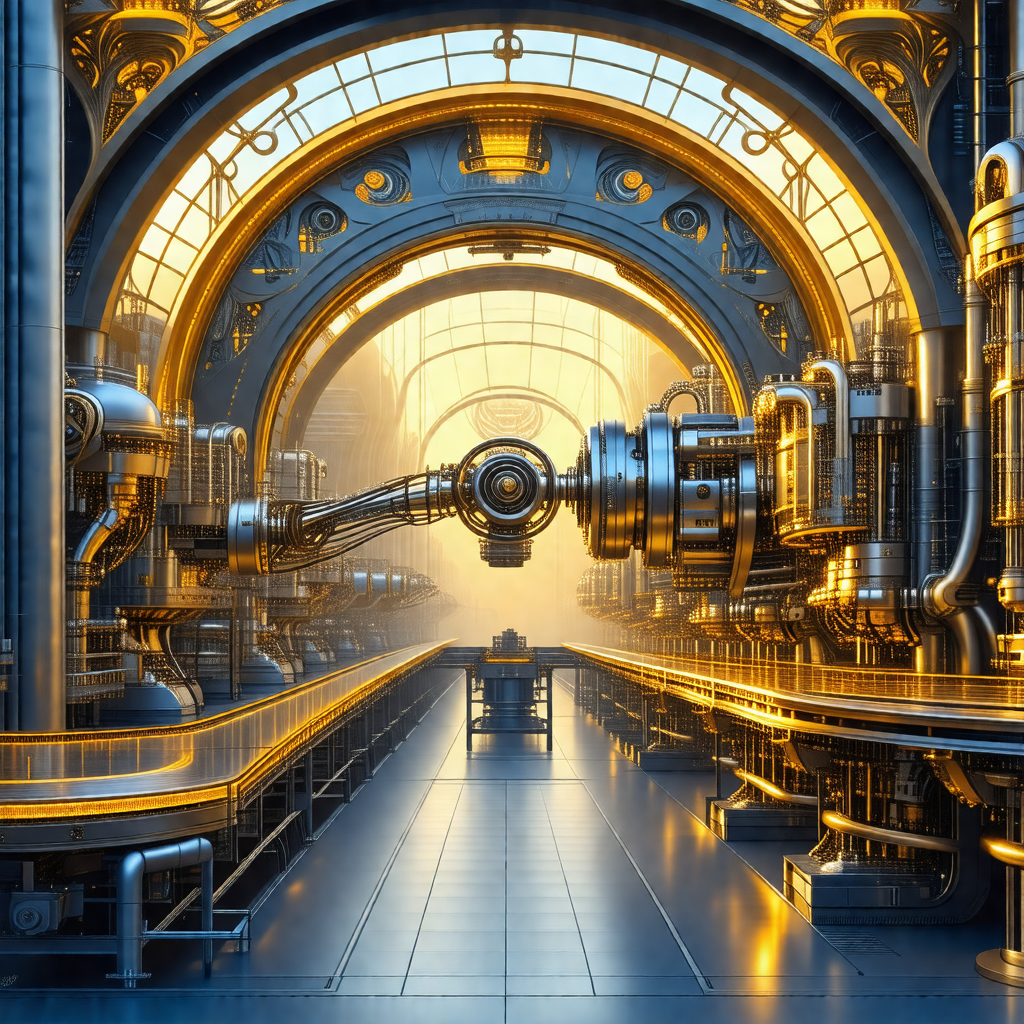 Futuristic, computer-generated scene of a factory with a ...