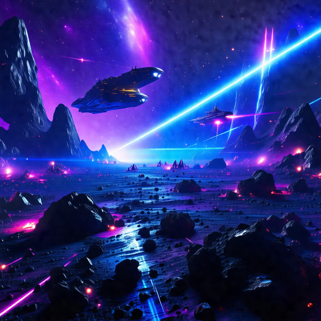 Futuristic scene with a group of spaceships flying throug...