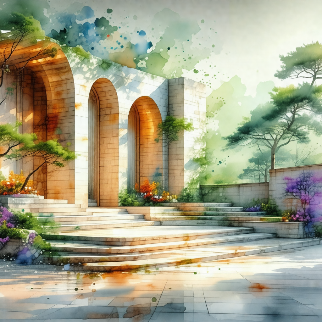 Painting of a beautiful garden with a large stone buildin...