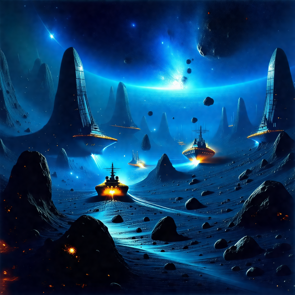 Futuristic scene featuring a group of spaceships floating...