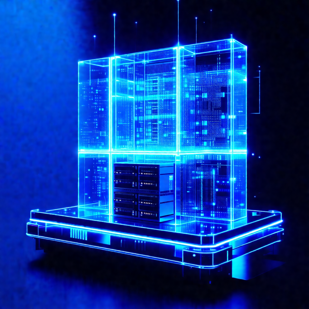 Futuristic, blue-lit computer server with a large number ...