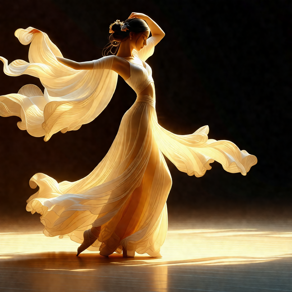 Woman in a flowing white dress, gracefully dancing on a s...
