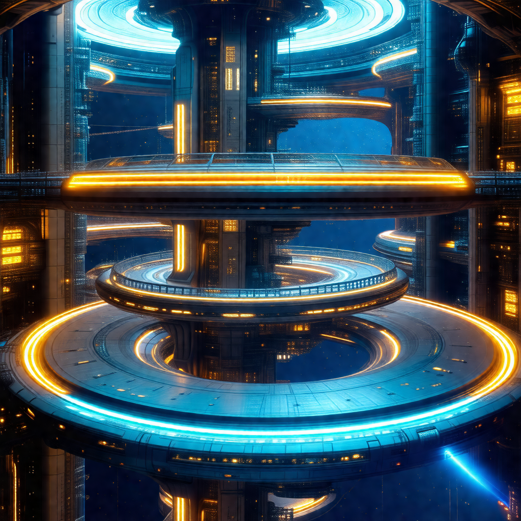 Futuristic cityscape with a large, blue, circular buildin...