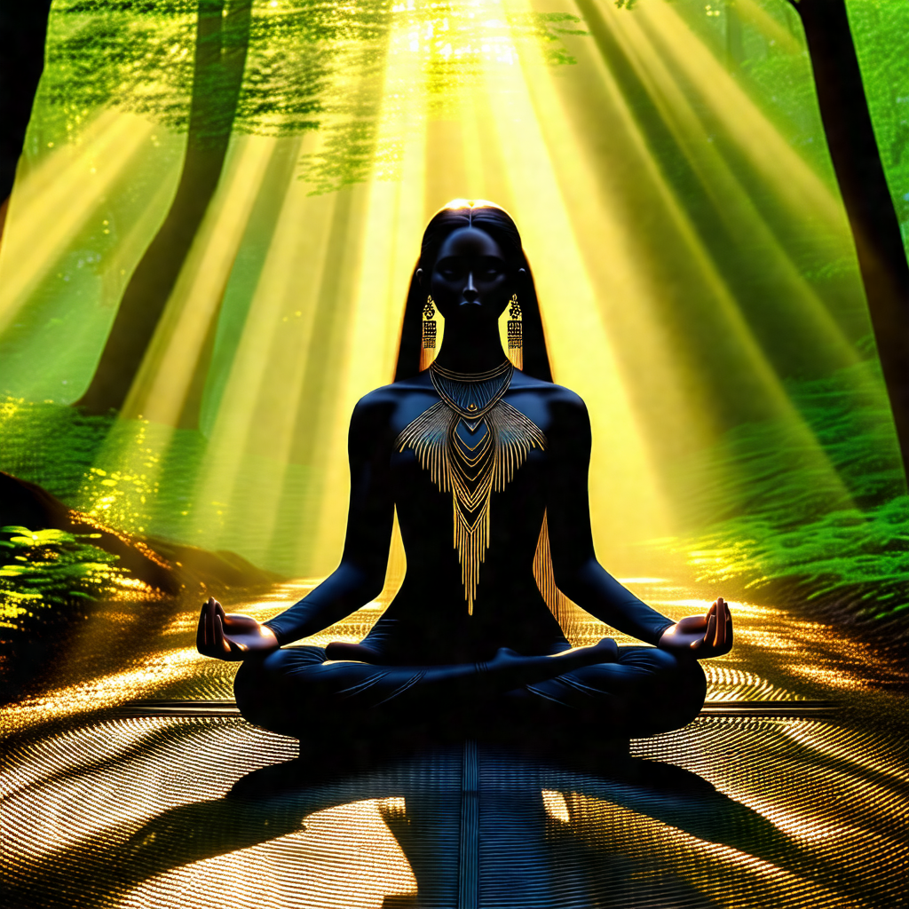 Woman sitting in a lotus position on a mat, surrounded by...