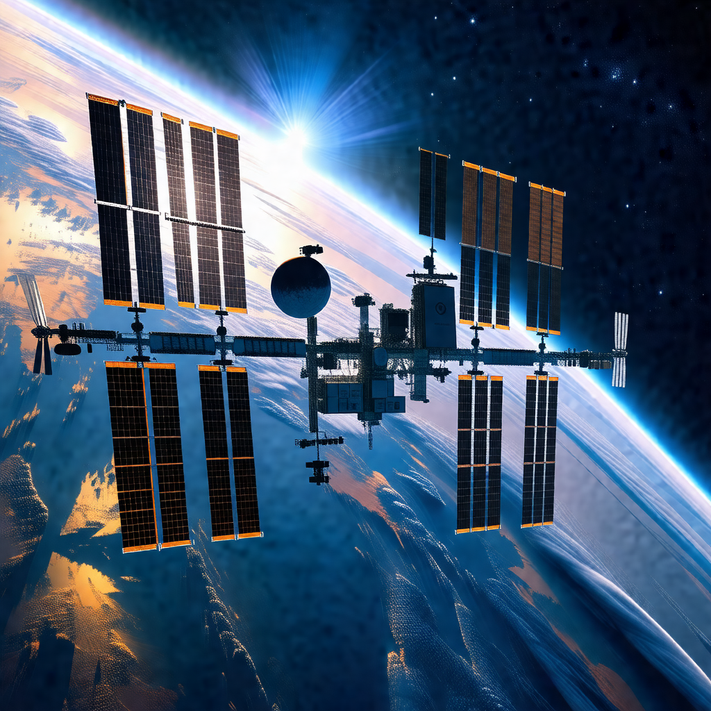 Space shuttle with a large satellite on top of it, flying...