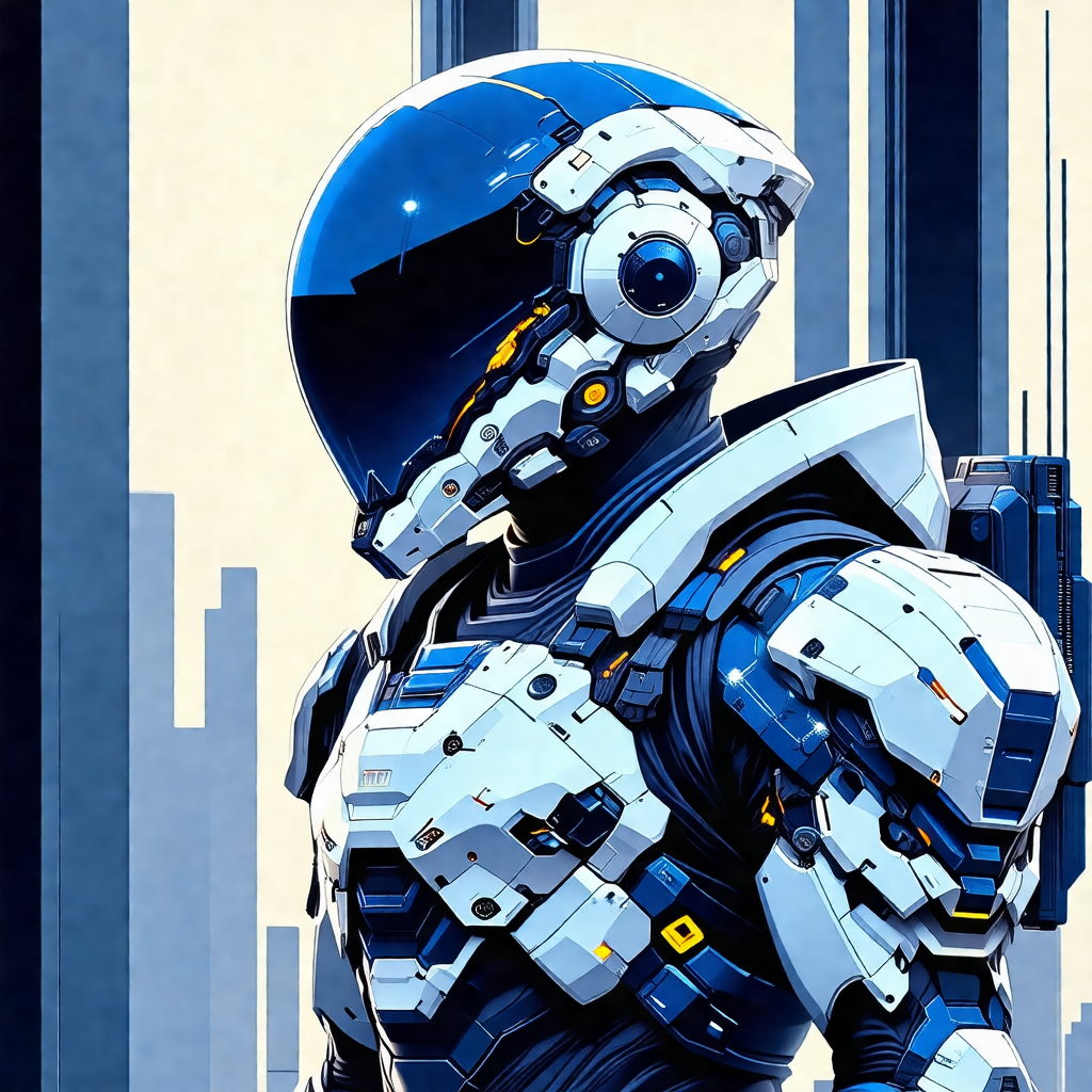 Futuristic illustration of a person wearing a white and b...