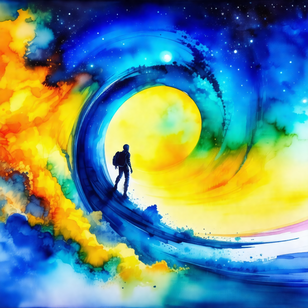 Painting of a man walking on a surfboard in the ocean