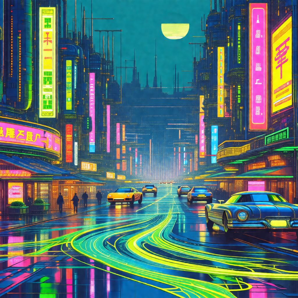 Colorful, futuristic cityscape with a busy street filled ...