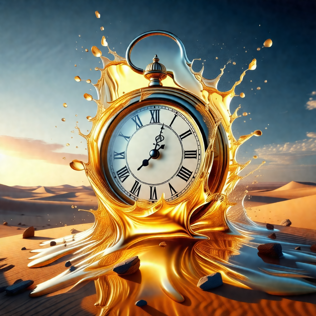 Clock that is surrounded by a pool of liquid, which appea...