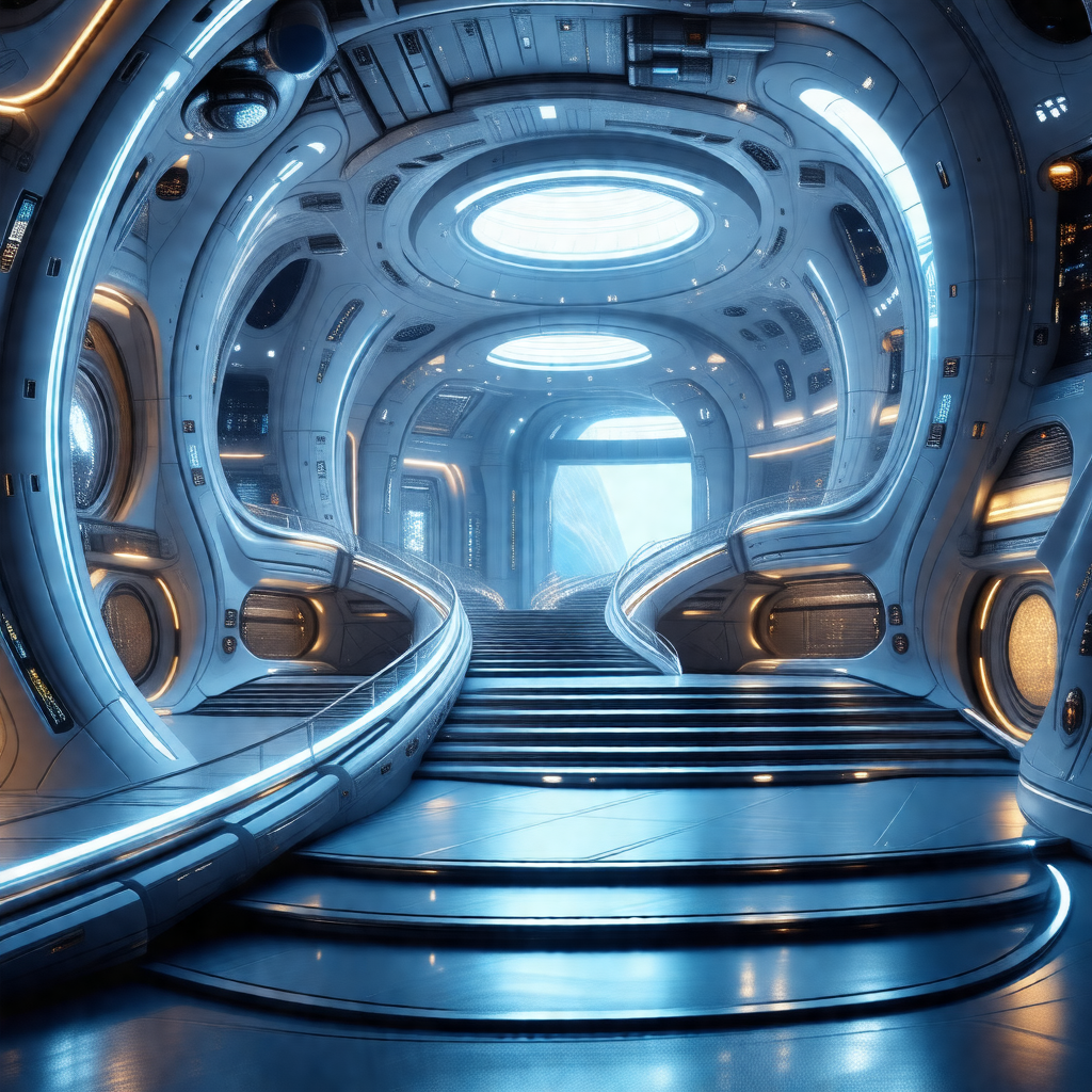 Futuristic space station with a long, curved hallway