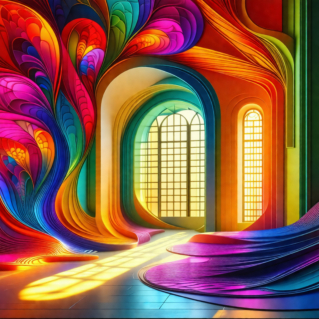 Large, colorful painting of a room with a doorway