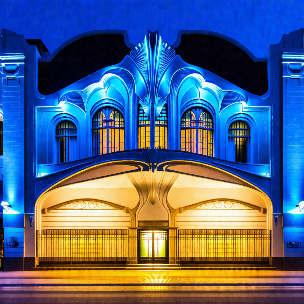 Large, blue building with a prominent archway