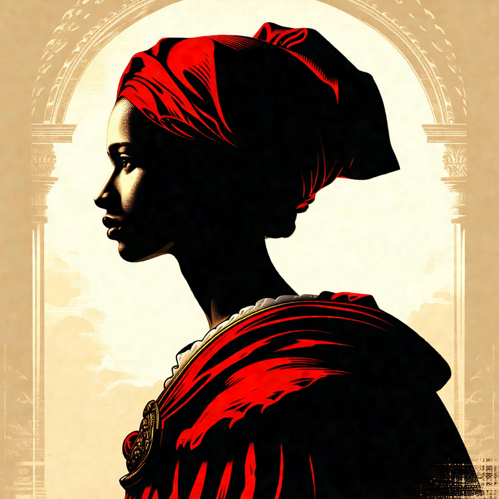 Black and white drawing of a woman with a red head wrap