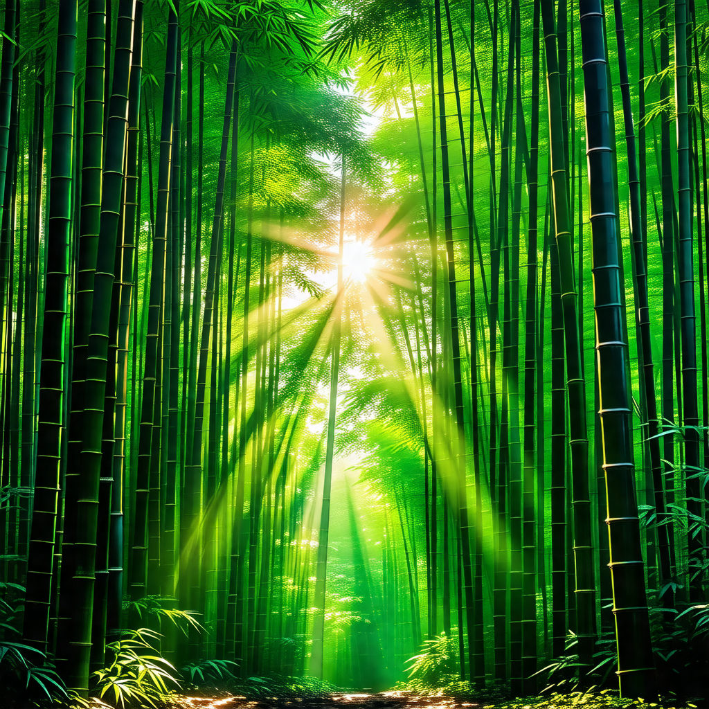 Lush green forest filled with tall, slender bamboo trees