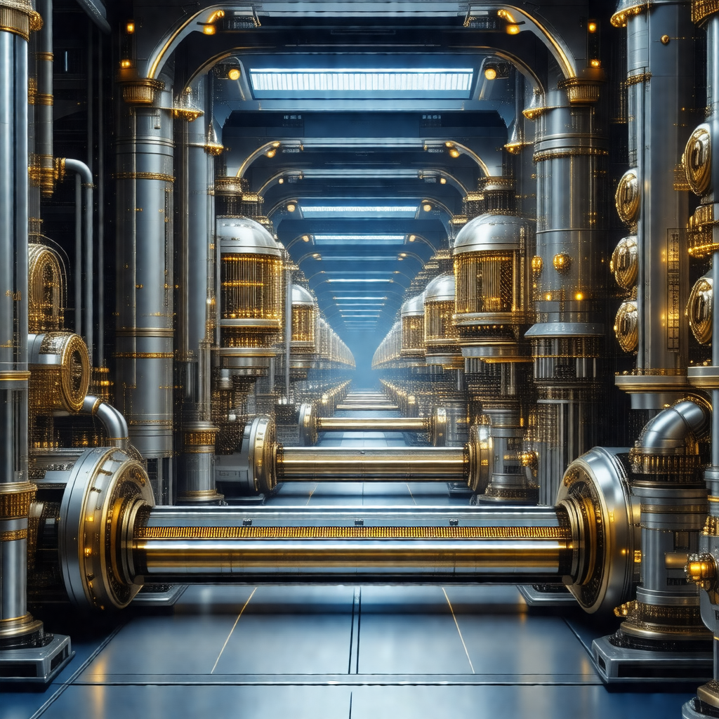 Large, futuristic building with a massive number of pipes...