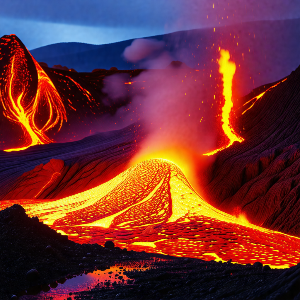 Volcanic landscape with a large, red-orange lava flow
