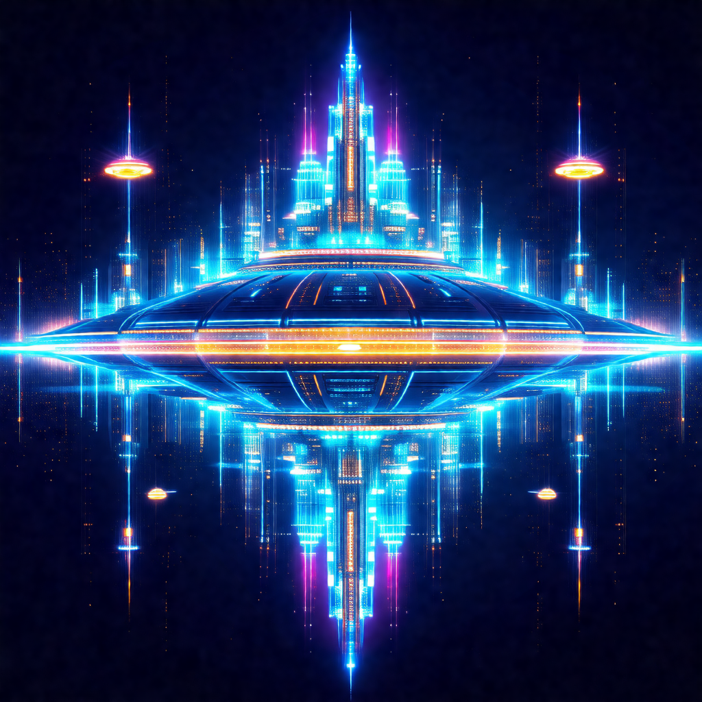 Futuristic cityscape with a large, blue, circular buildin...