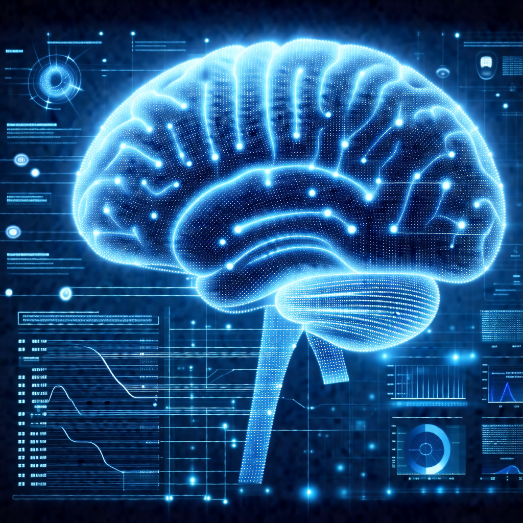 Close-up of a human brain, with a blue glow surrounding it