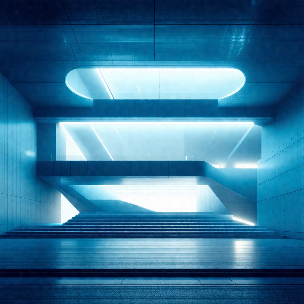 Large, modern building with a blue-lit staircase