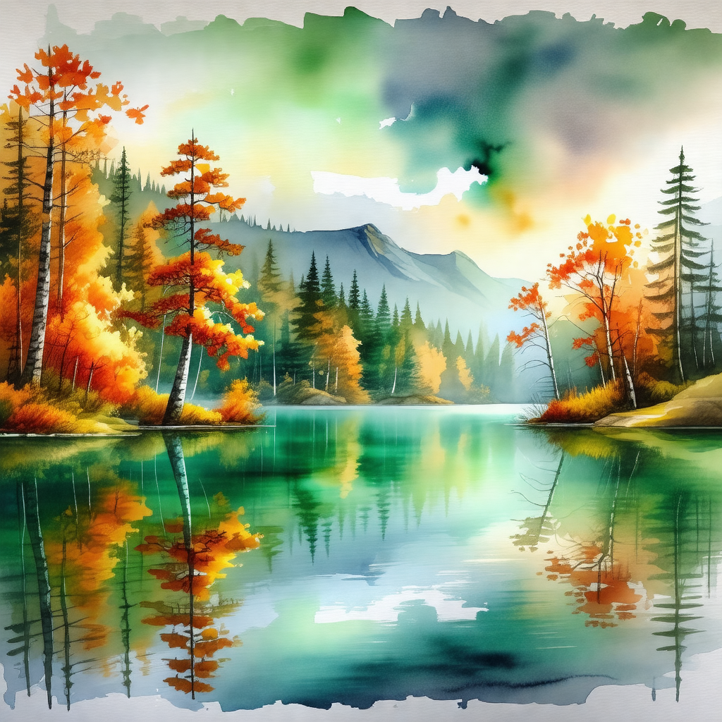 Painting of a serene scene featuring a lake surrounded by...