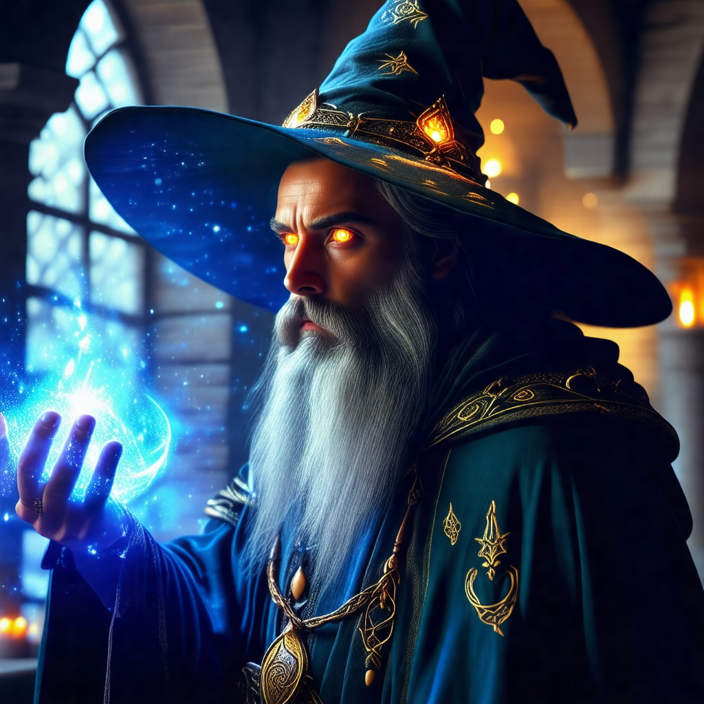 Man dressed in a wizard's outfit, complete with a green h...