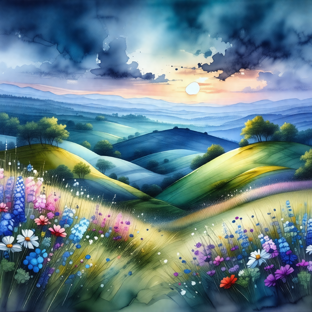 Painting of a beautiful landscape featuring a lush green ...