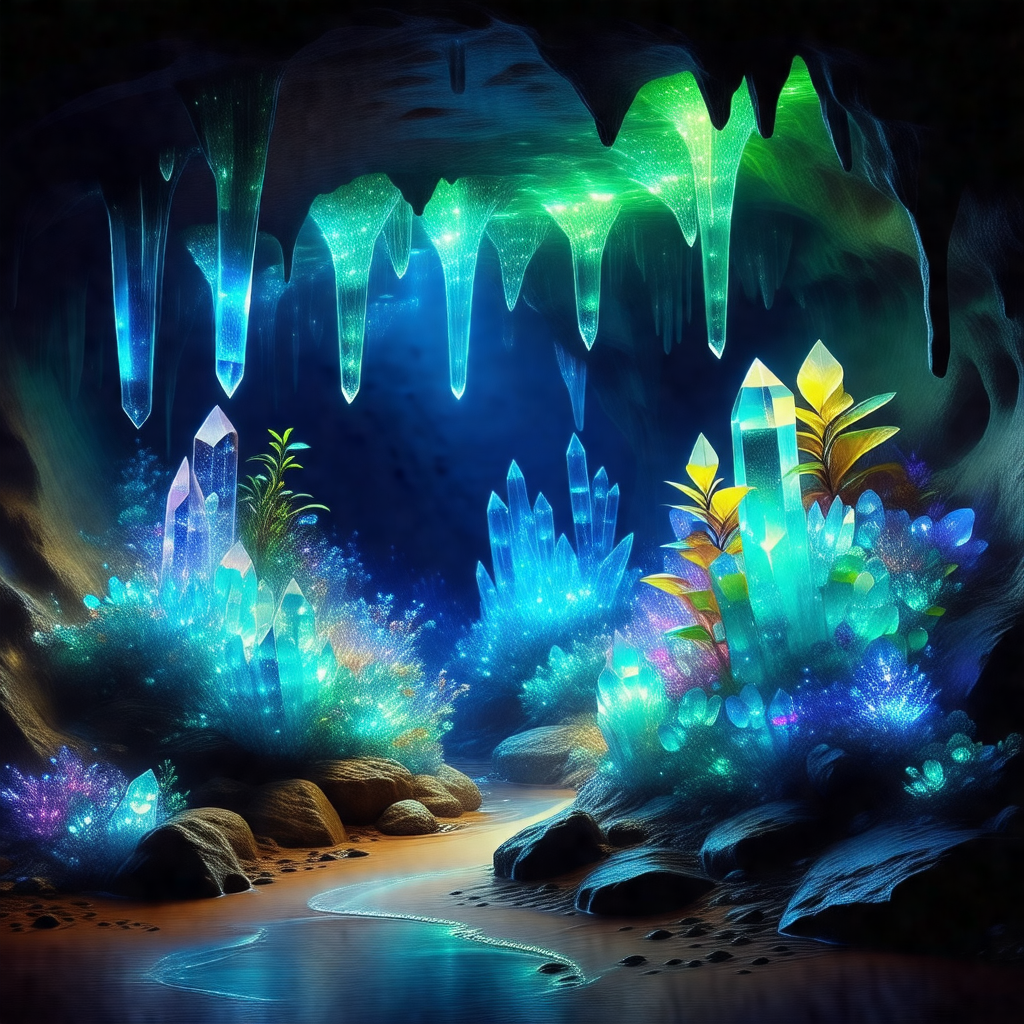 Digital painting of a cave with a blue and green color sc...