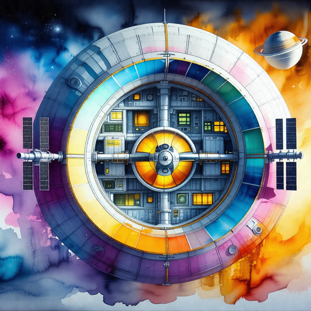 Painting of a space station, featuring a large, colorful ...