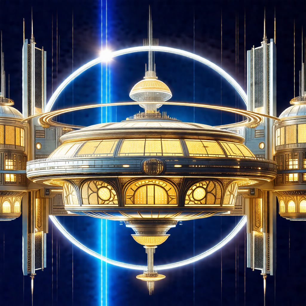 Futuristic, computer-generated drawing of a large, circul...