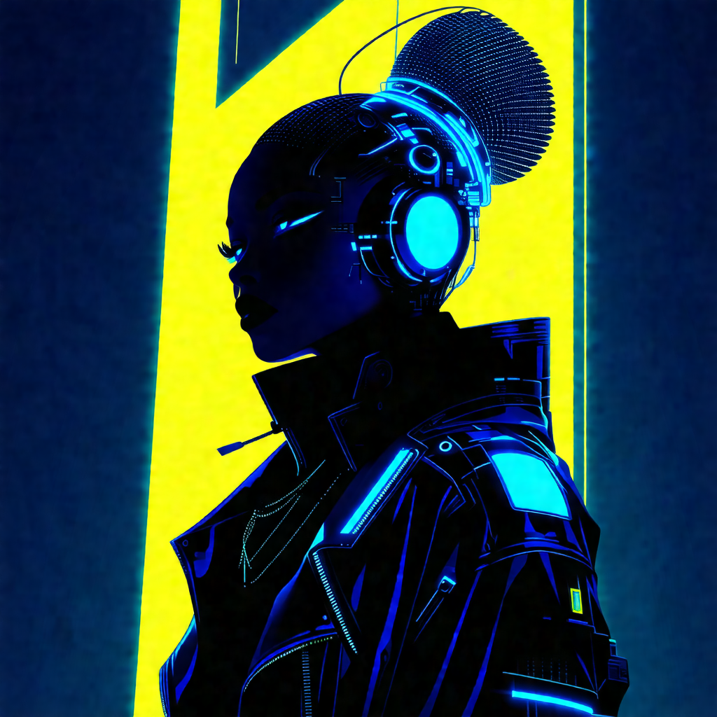 Woman wearing a futuristic outfit, which includes a black...