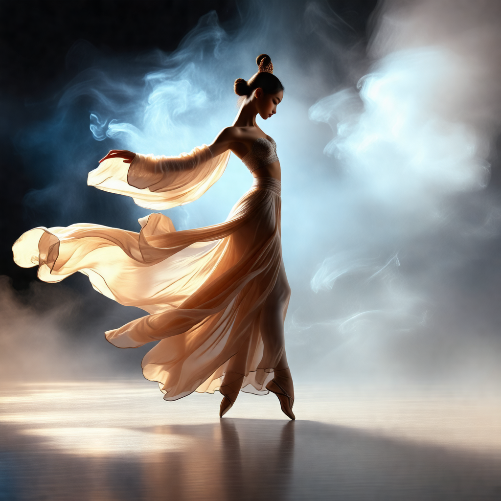 Woman in a white dress, gracefully dancing on a stage