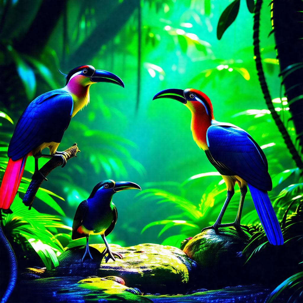 Group of three birds standing in a lush green forest