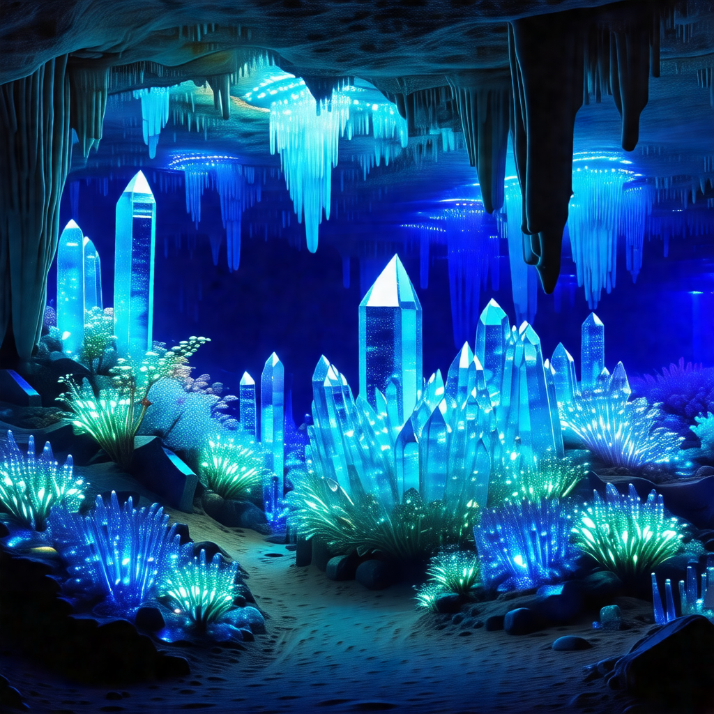 Cave with a blue light illuminating the space