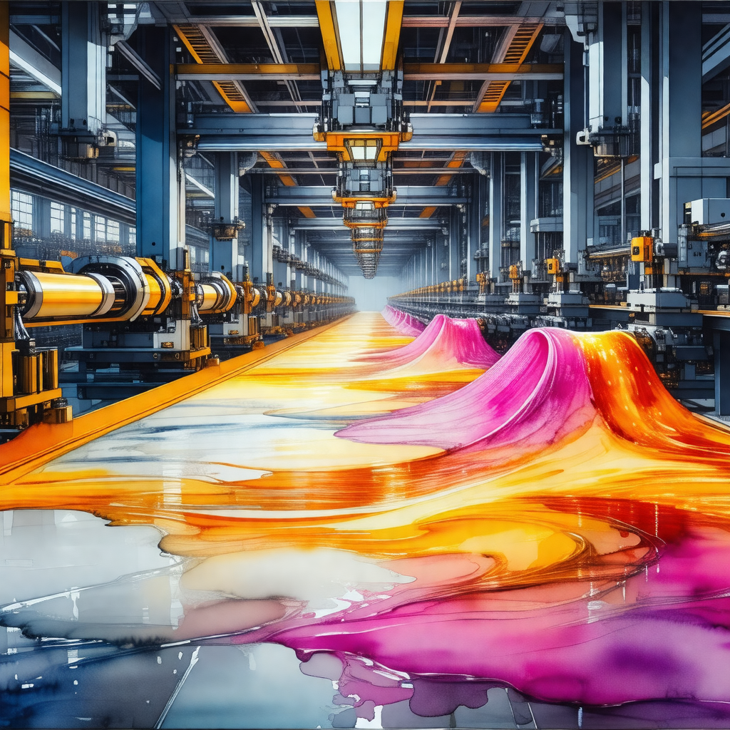 Factory floor with a long row of colorful paintings