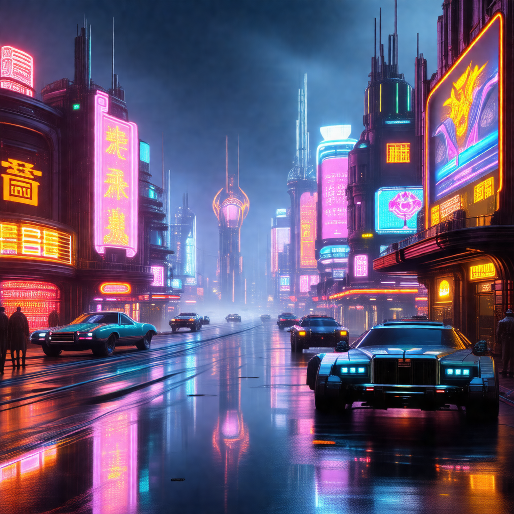 Futuristic city street at night, with a variety of vehicl...