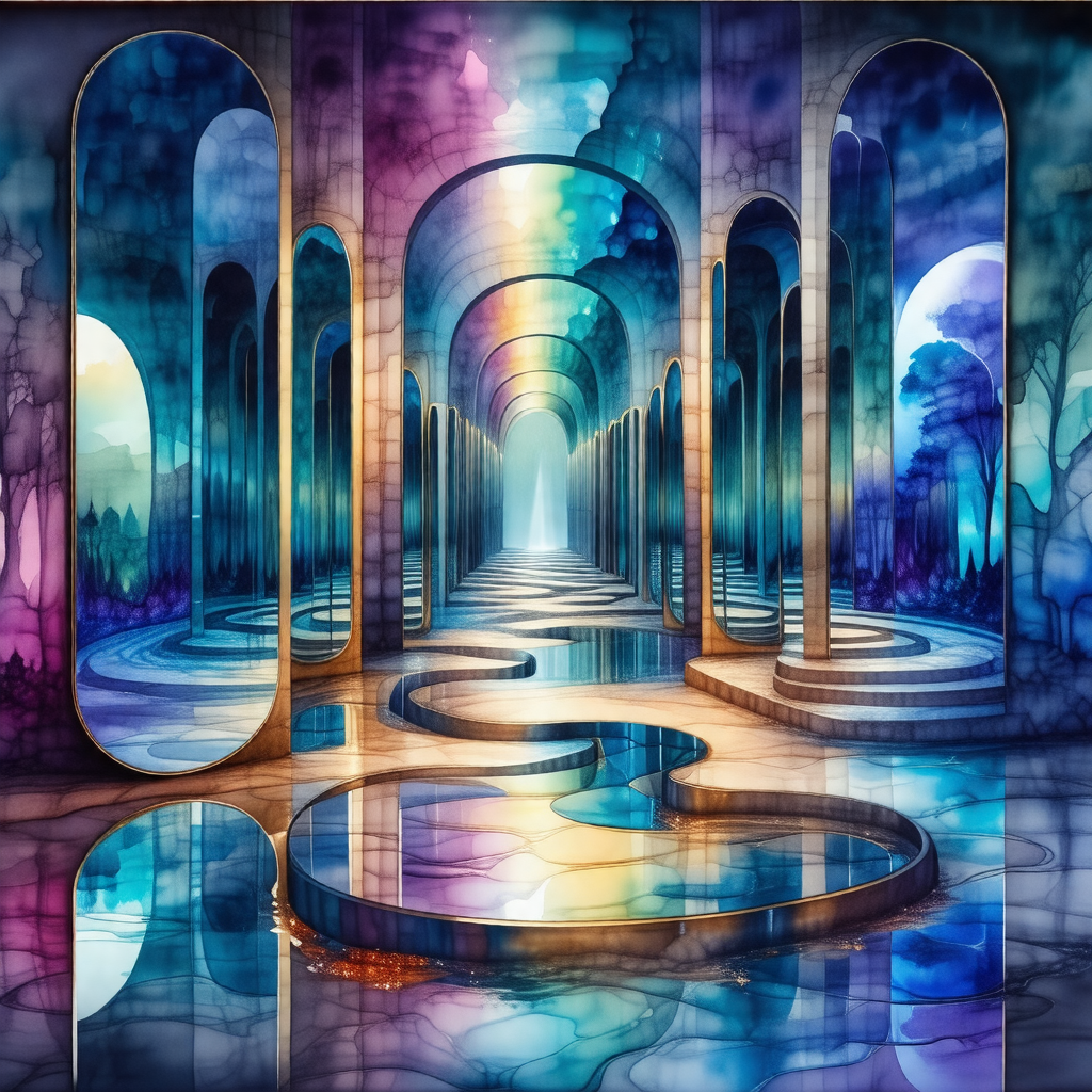Painting of a long, narrow hallway with a reflective surface