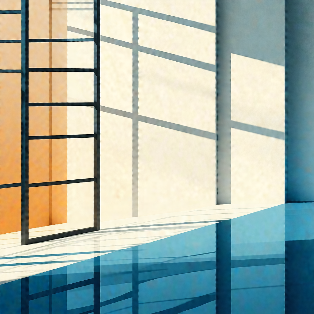 Blue and white painting of a room with a large window