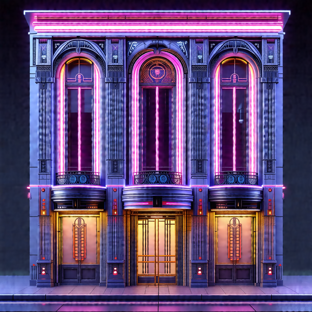 Large, illuminated building with a pink and purple neon sign
