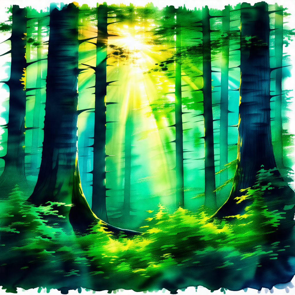 Colorful, hand-drawn illustration of a forest scene