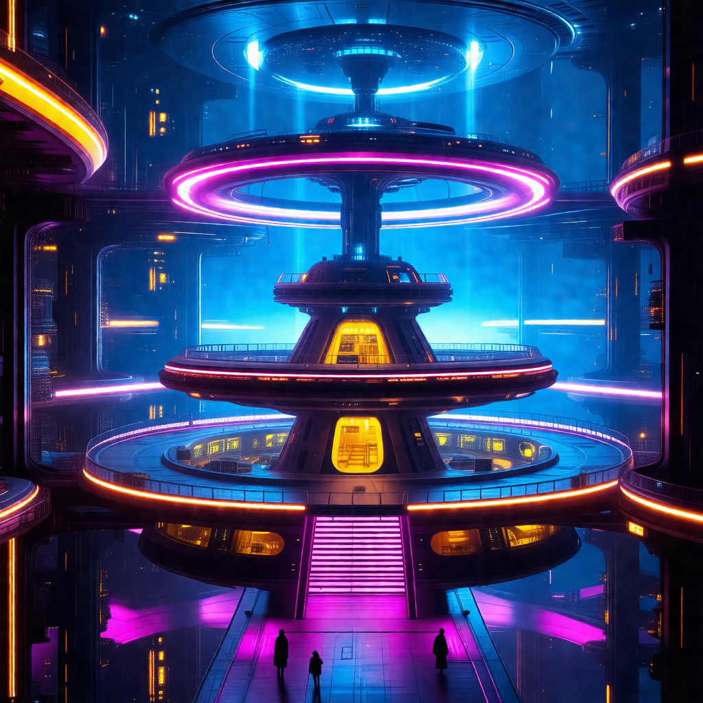 Futuristic city with a large, purple and blue building in...